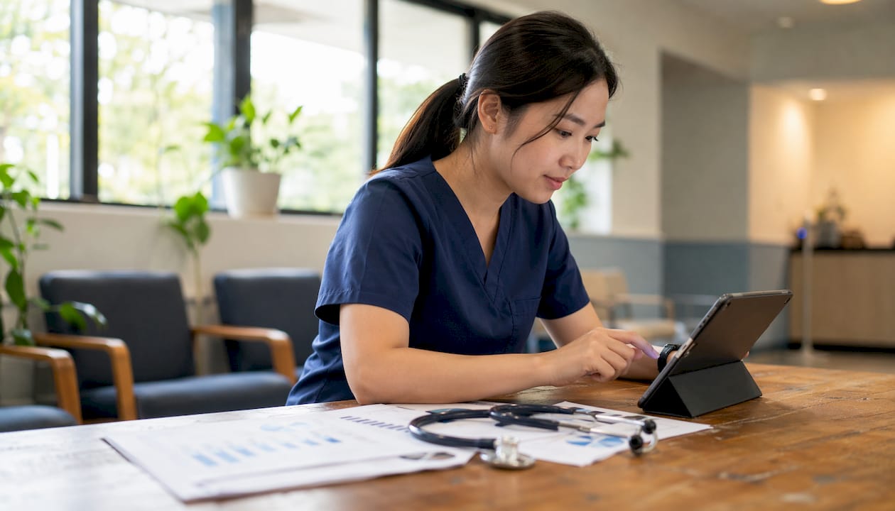 Trainer using tablet in clinic for provider engagement
