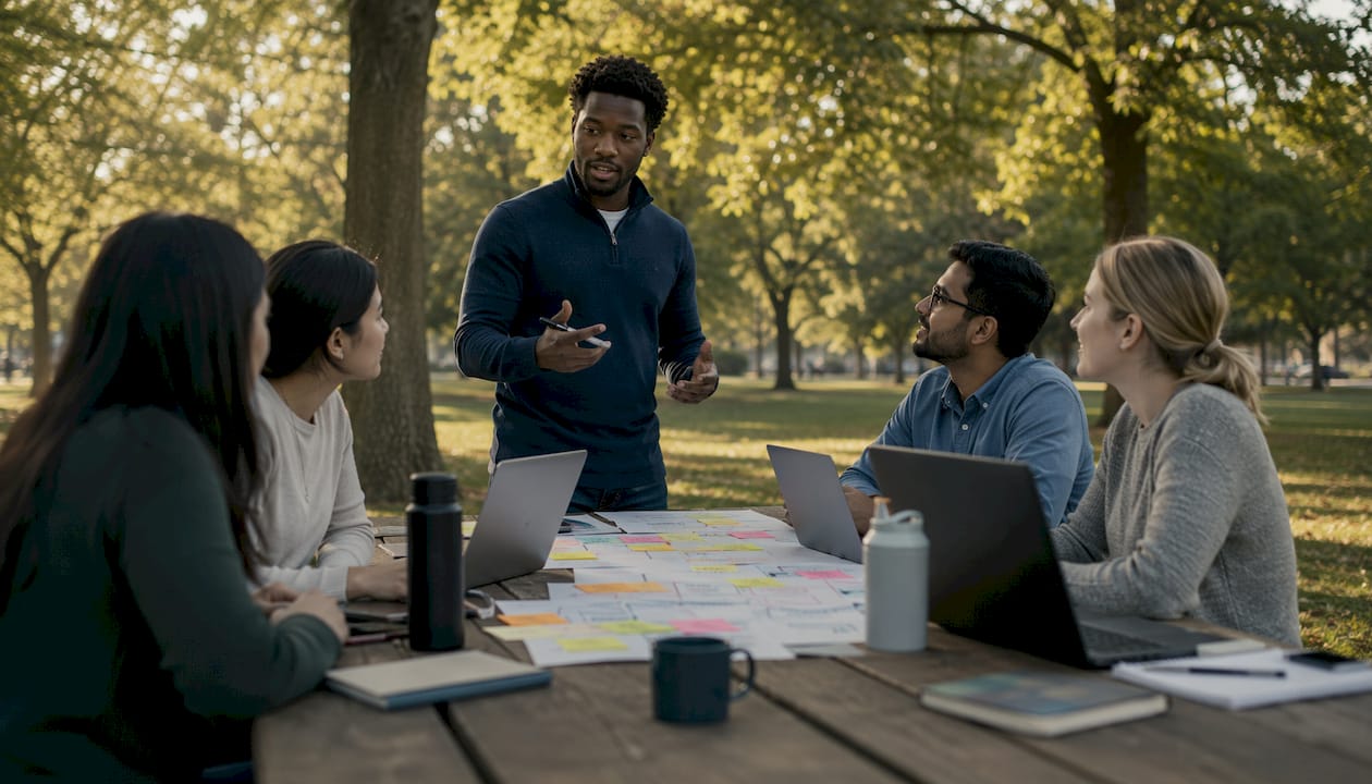 Product manager explaining onboarding flowcharts