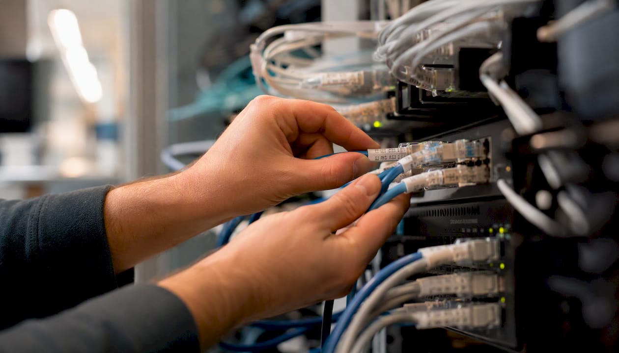 Hands connecting network cables in server room