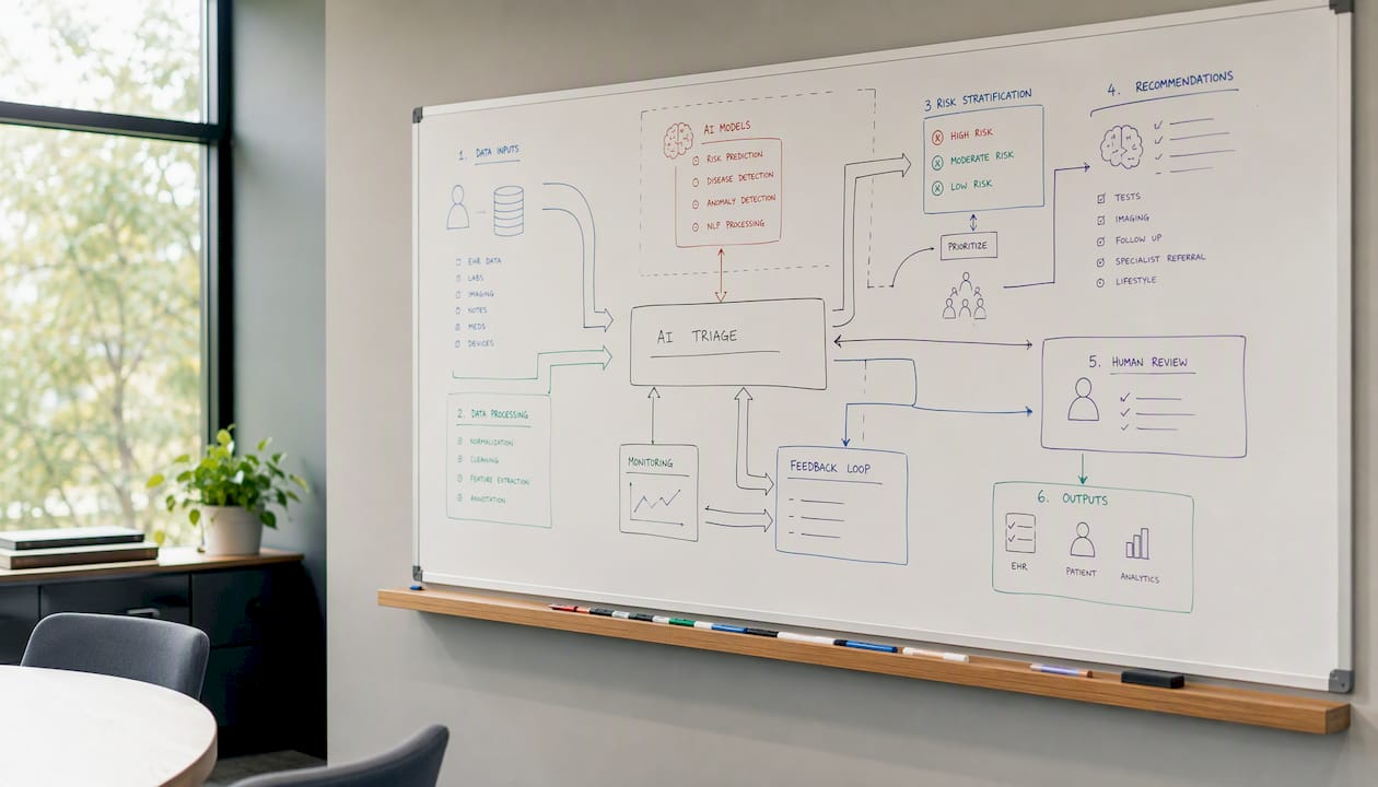Whiteboard with AI diagnostic workflow diagrams