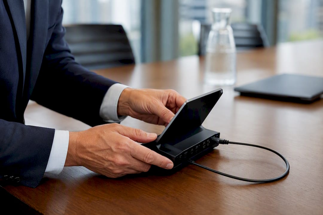 Hands configuring digital meeting device