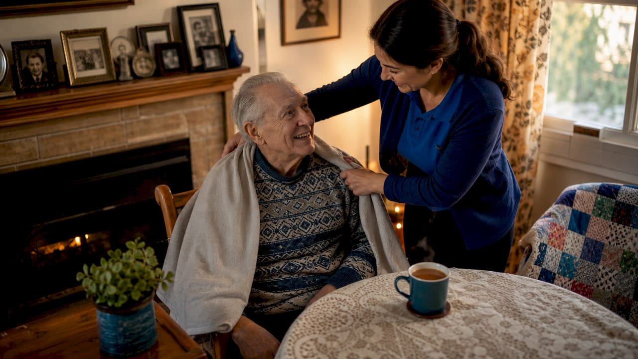 Caregiver helping elderly man sit at home