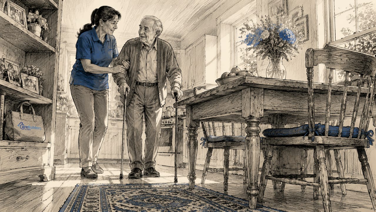 Caregiver assisting elderly man in living room