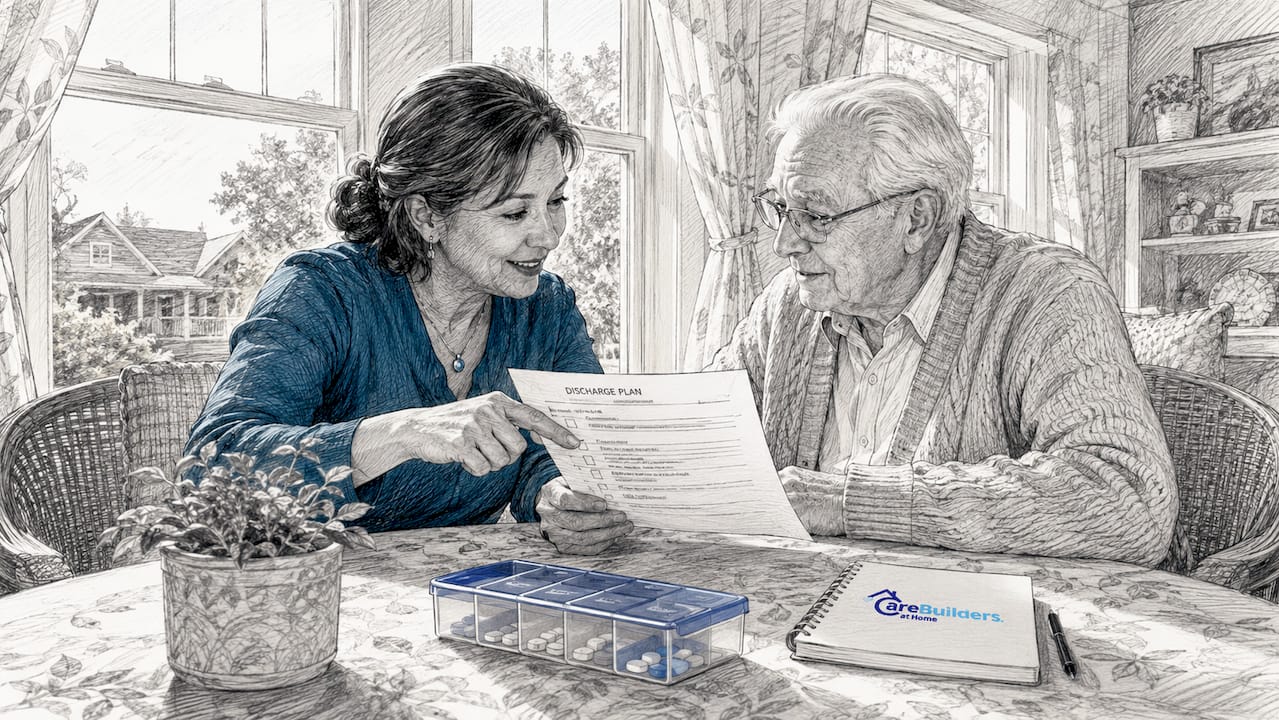 Caregiver reviewing discharge plan with senior