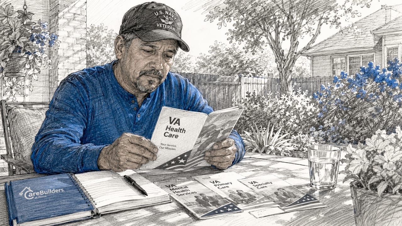 Veteran examining healthcare brochures at home table