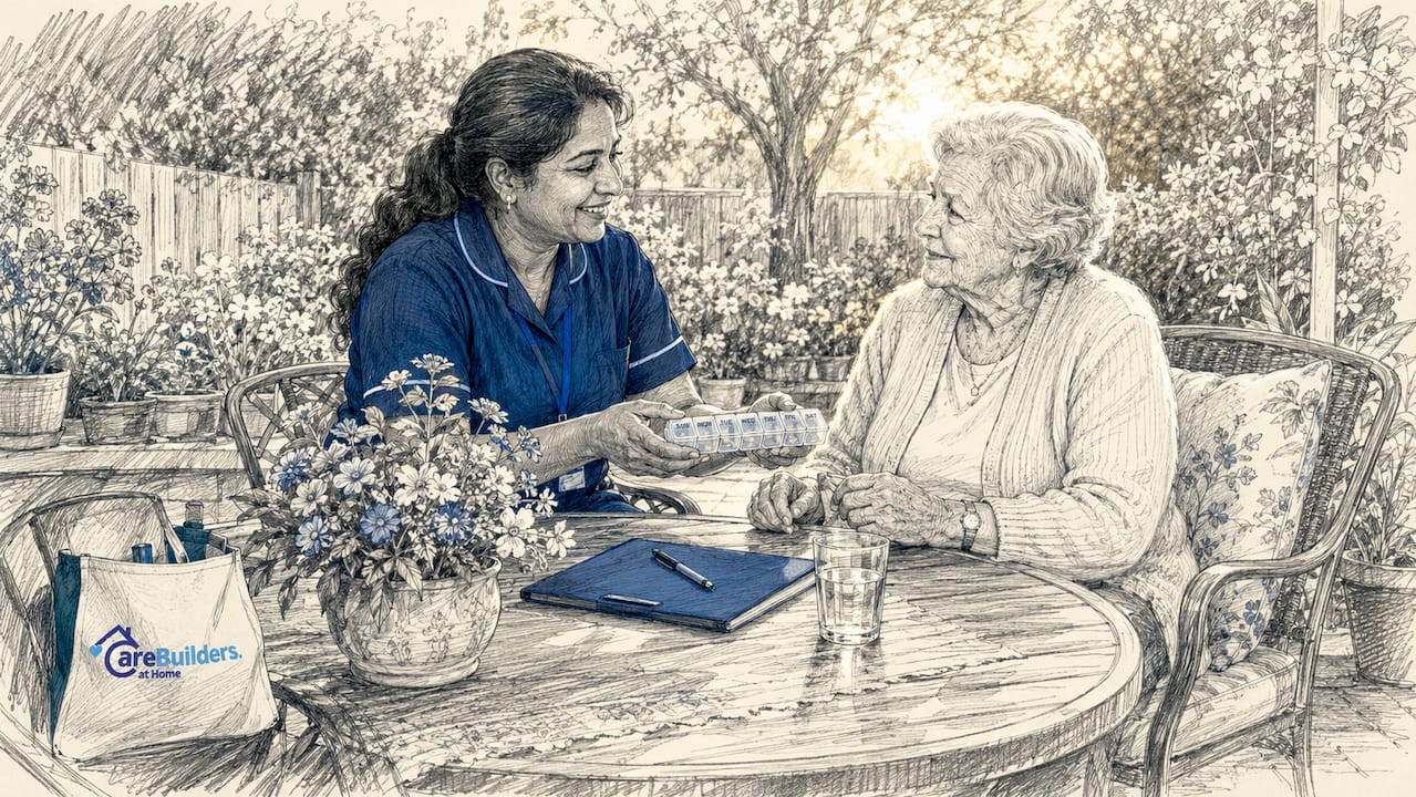 Professional caregiver assisting elderly woman with medication