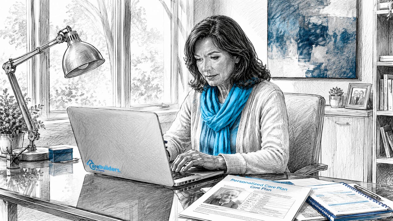Woman using elder care plan software