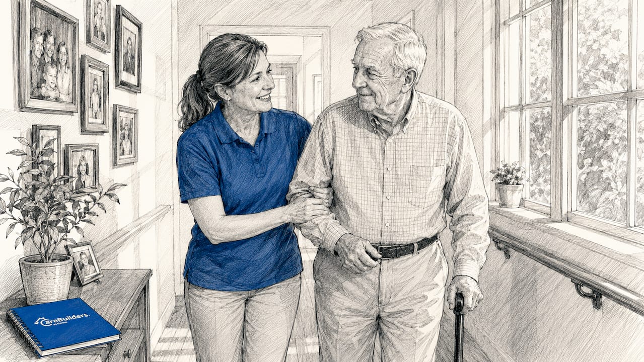 Caregiver assisting elderly man walking indoors