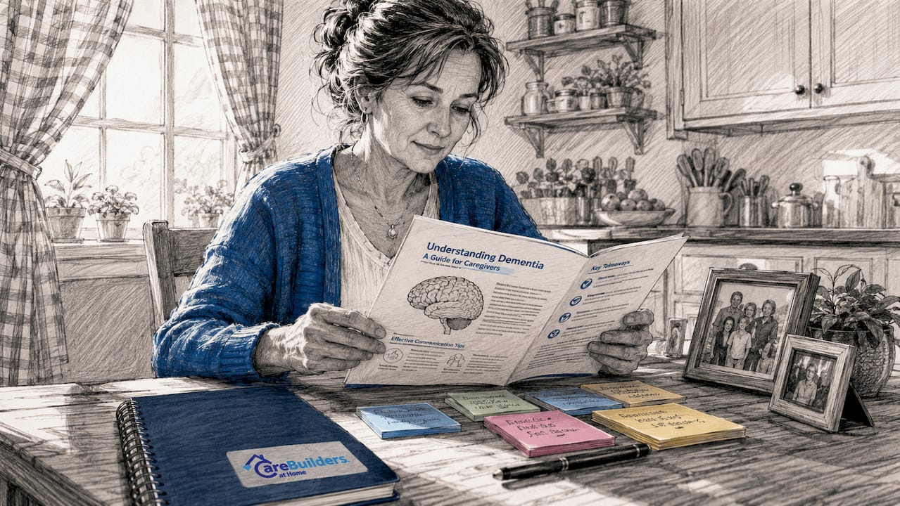 Caregiver studying dementia training materials in home