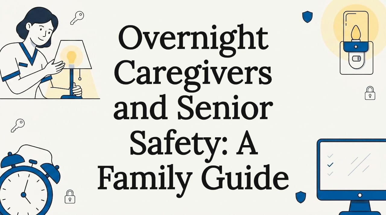 Decorative title card with senior care themed illustrations