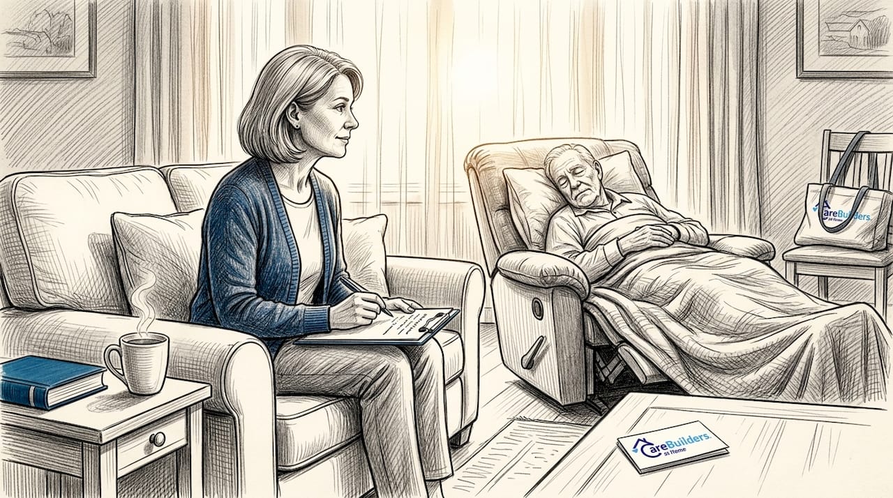 Caregiver watching sleeping senior in bedroom