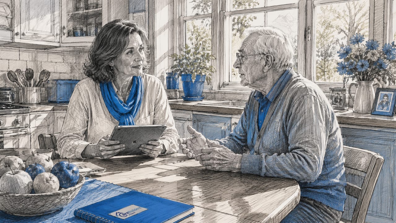 Social worker consulting elderly man at home