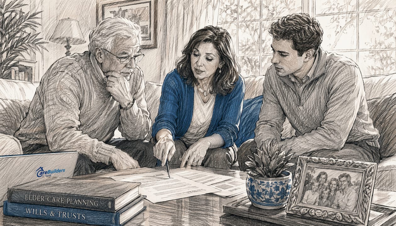Family reviewing elder care legal documents