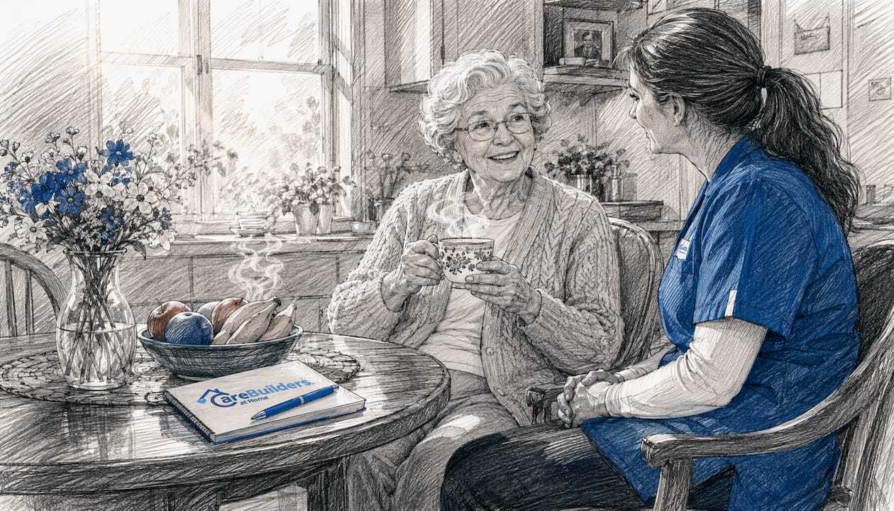 Caregiver talking with elderly woman in living room