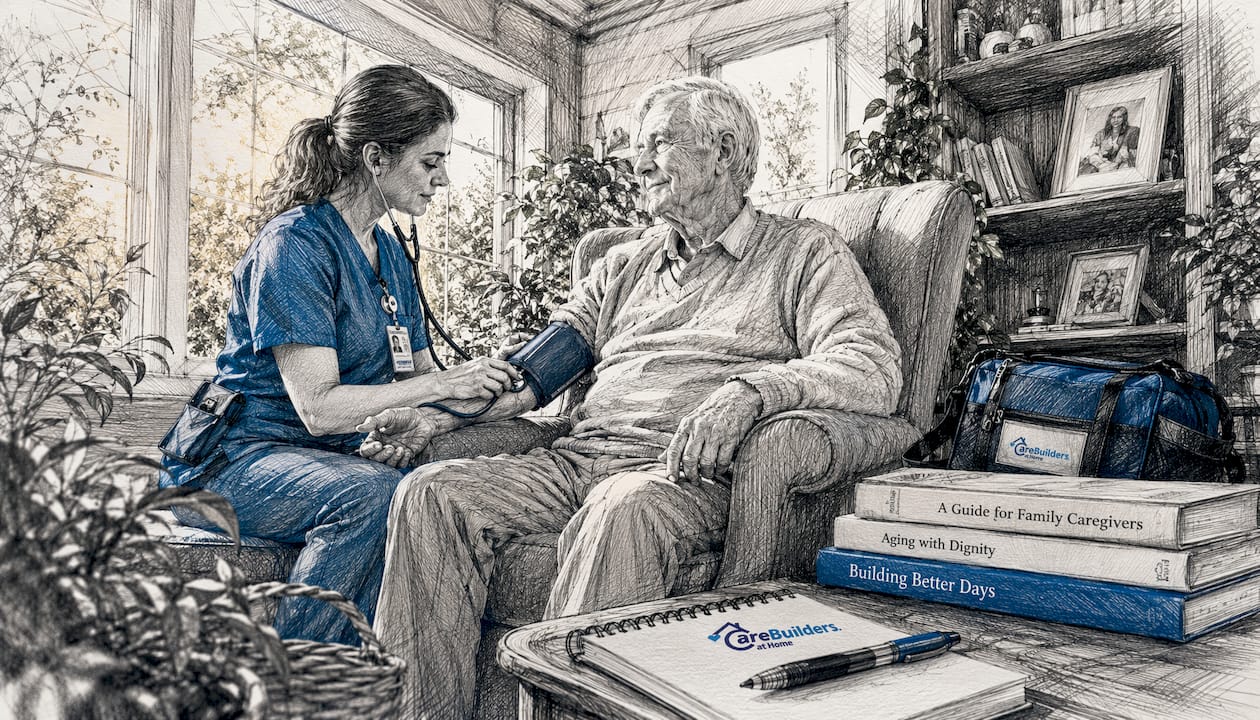 Nurse providing skilled care to elderly man at home