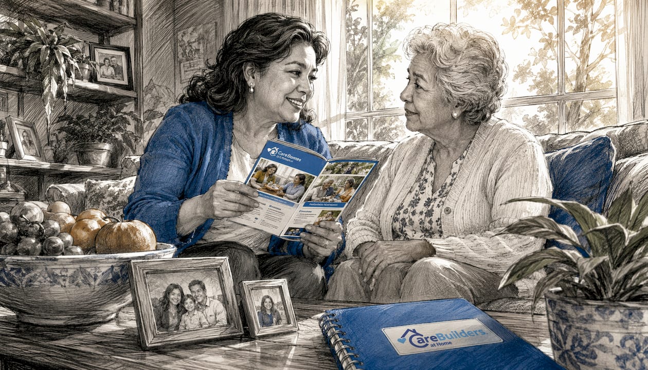 Family discussing home care plan in kitchen