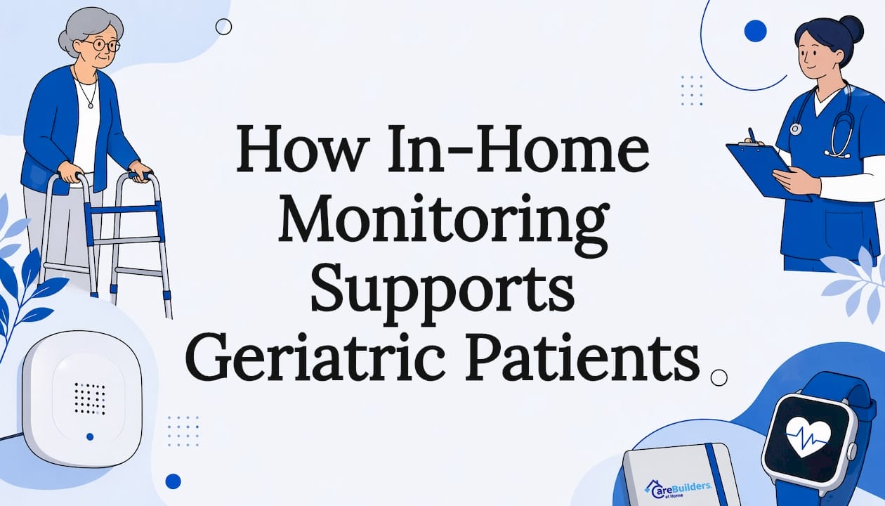Decorative illustrated title card with elderly care icons
