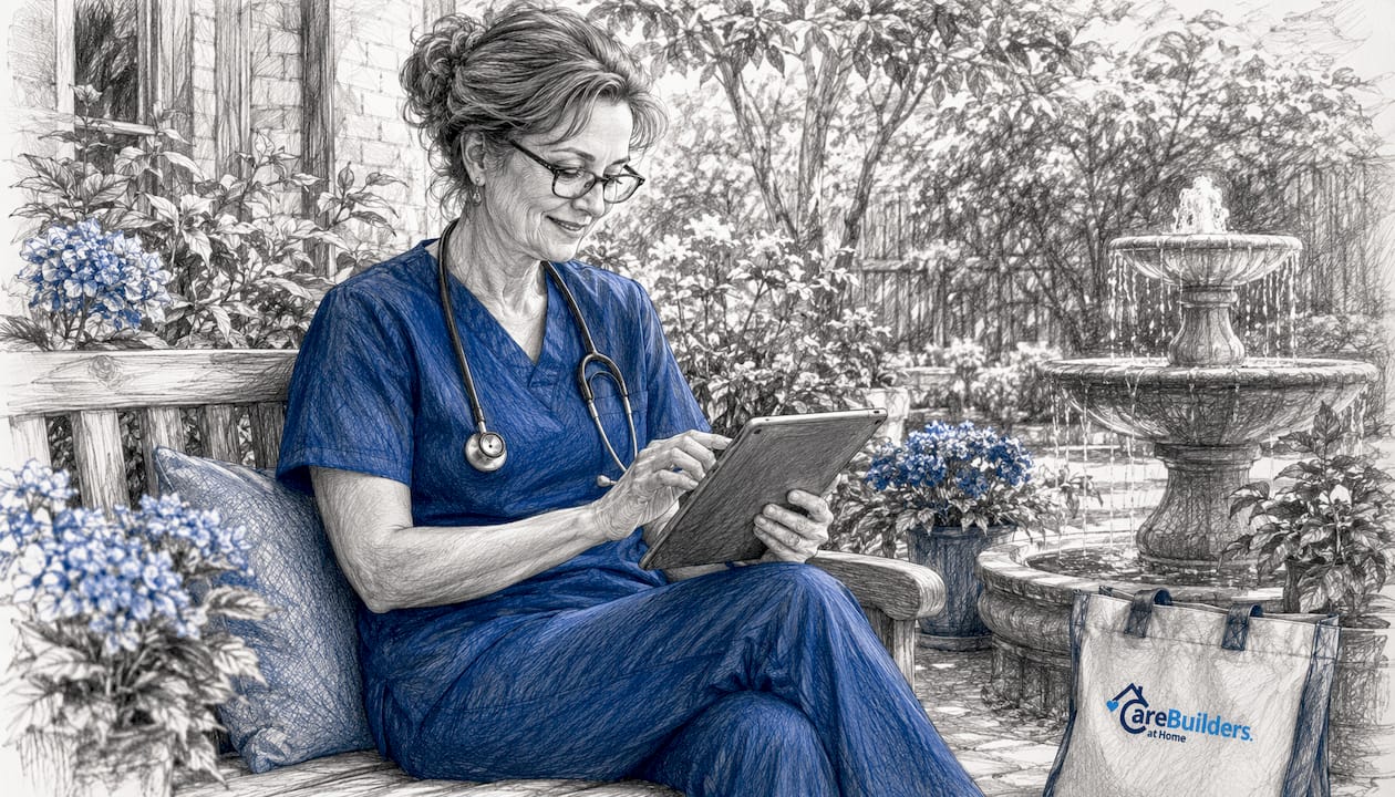 Nurse reviewing senior monitoring data on tablet