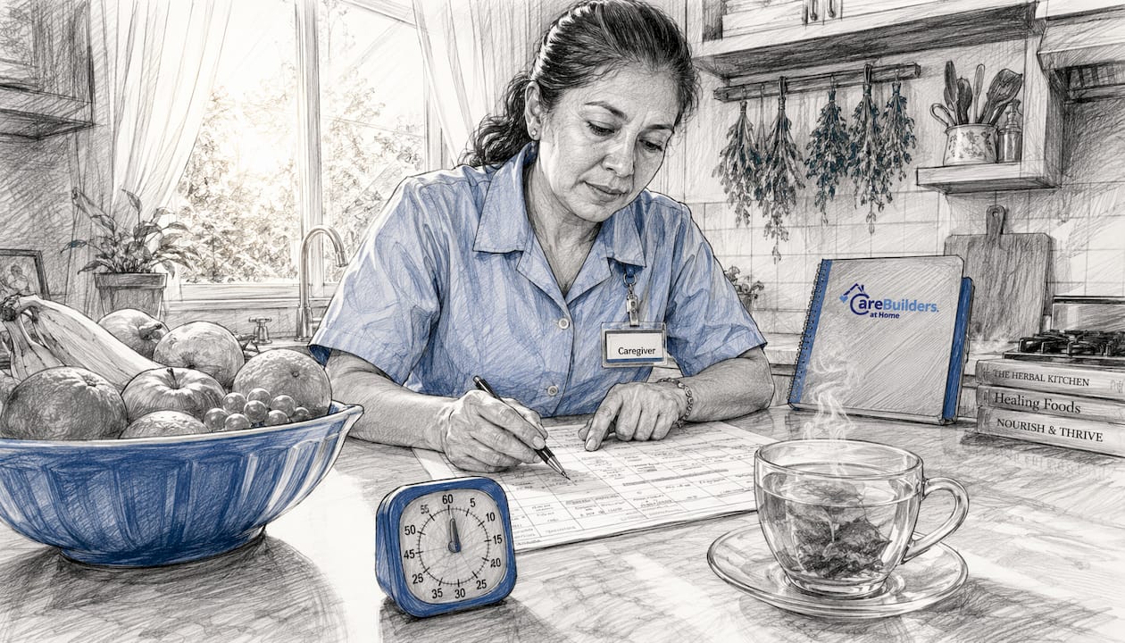Caregiver adjusting home care schedule at table