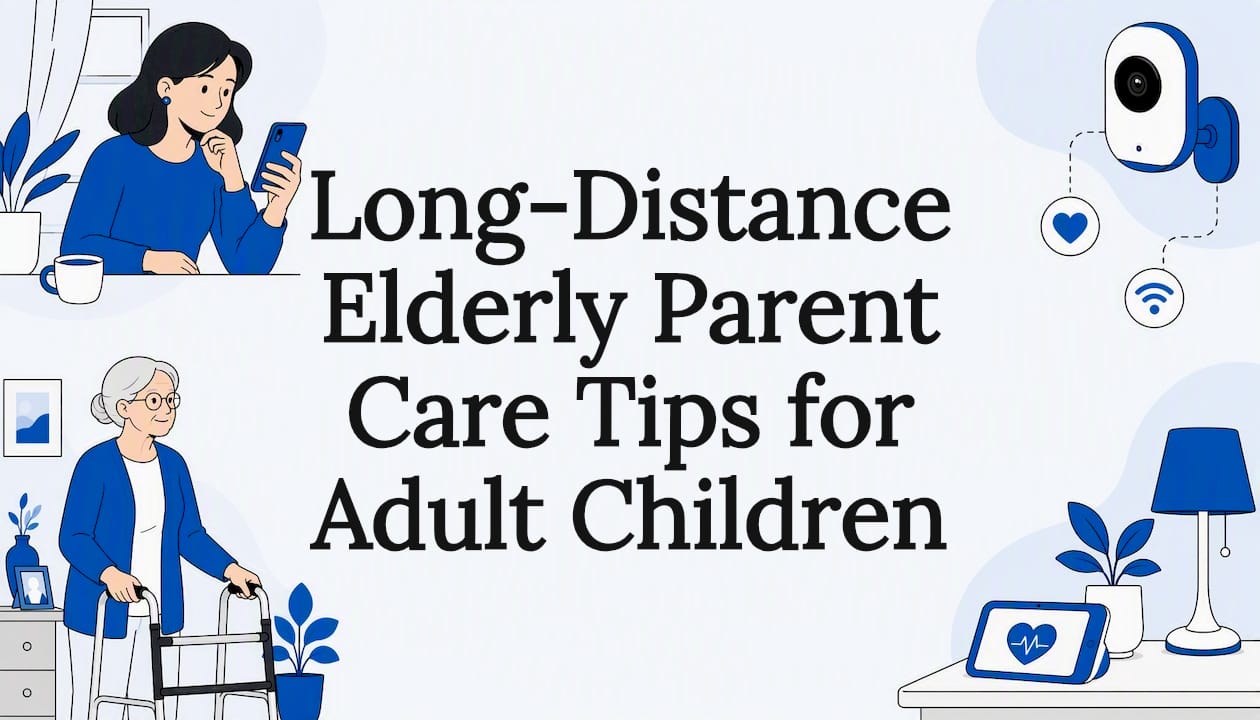 Decorative title card illustration for elderly parent care