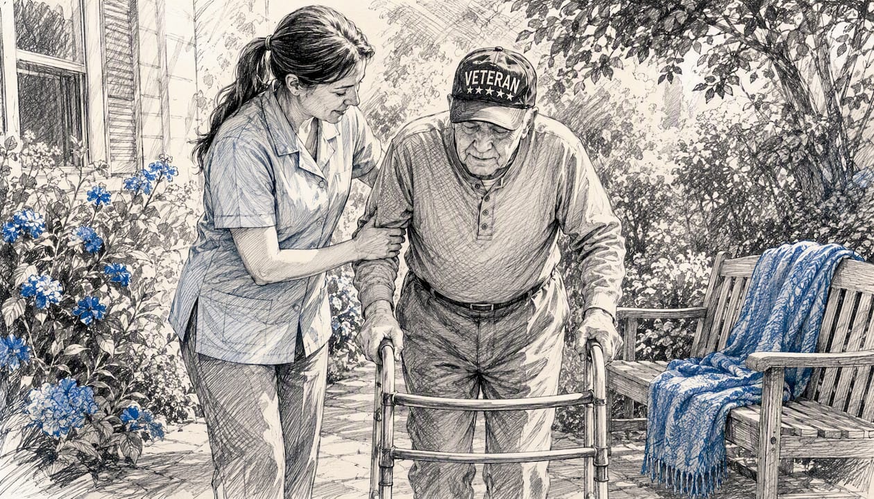 Caregiver assisting elderly veteran with mobility at home