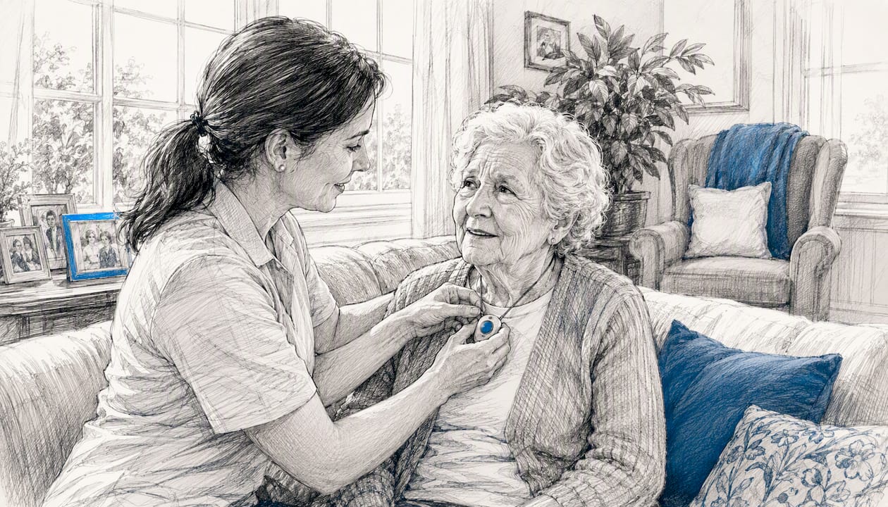 Caregiver helping senior wear alert pendant