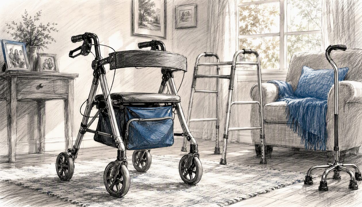 Partial views of multiple walking aids in a hallway