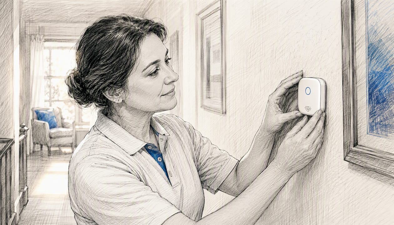 Caregiver installing fall detection sensor in home hallway
