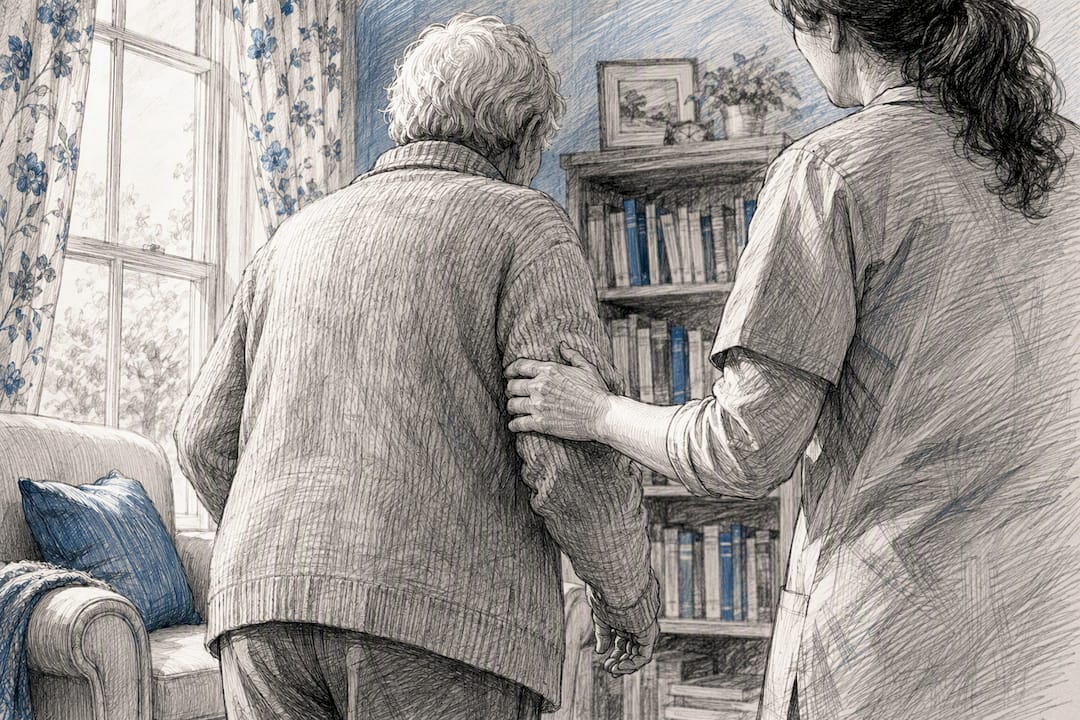 Caregiver gently redirecting wandering senior