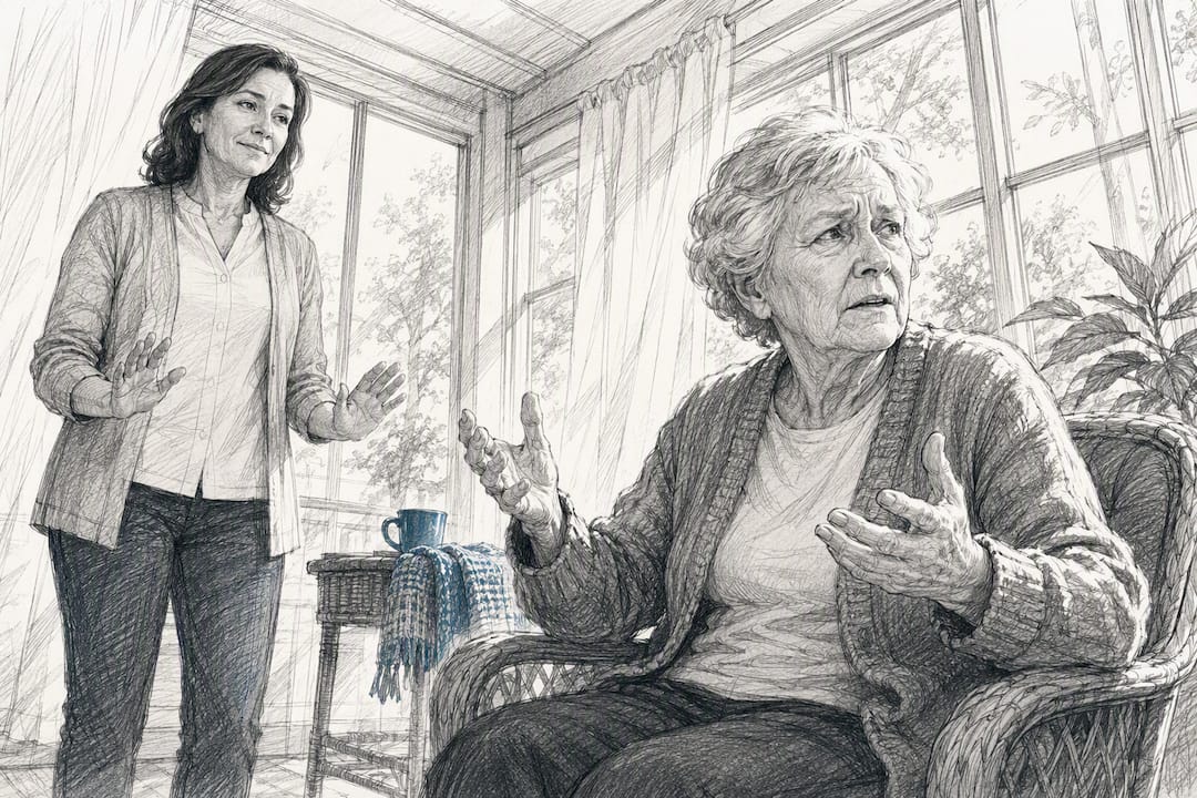 Caregiver calmly giving space to agitated senior