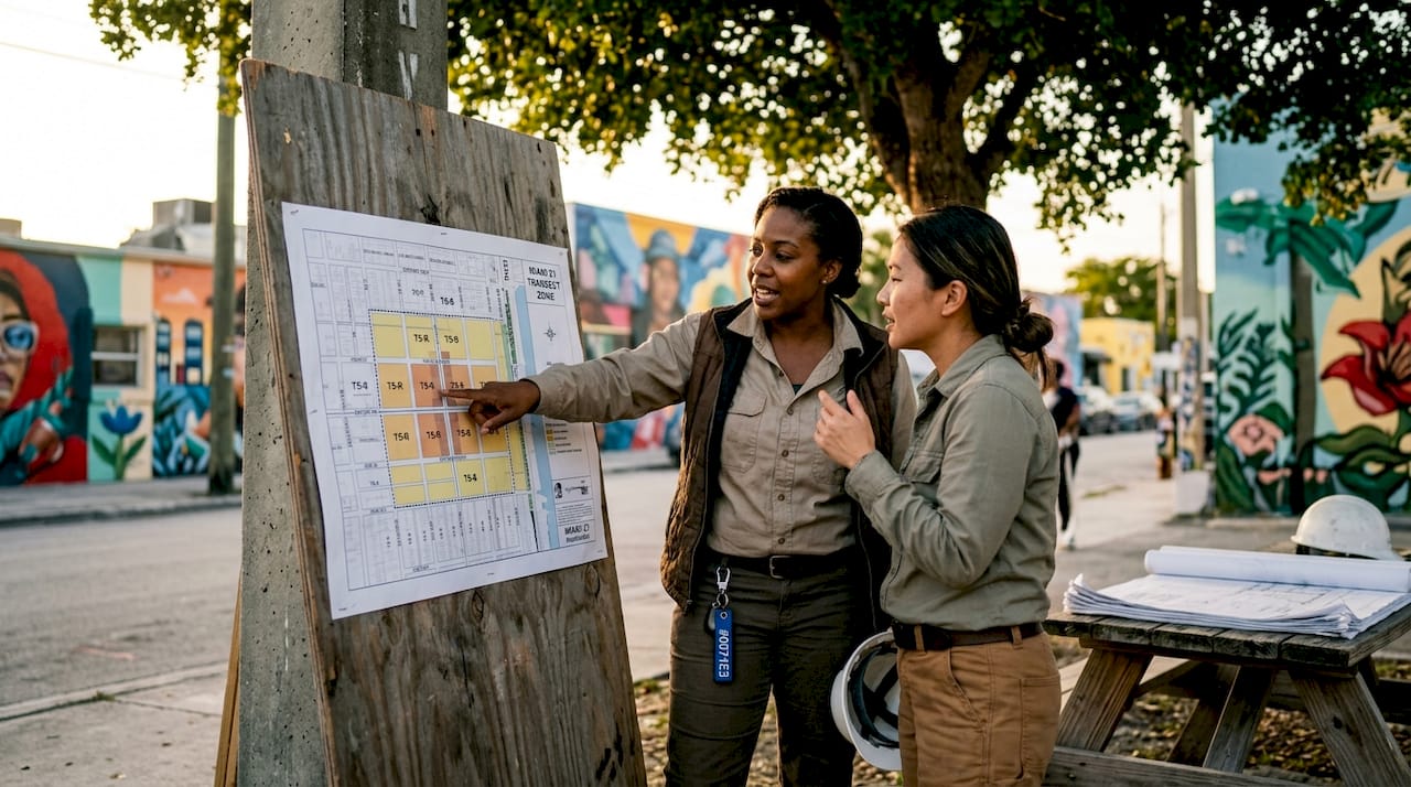 Two contractors discussing Miami transect zone map outdoors