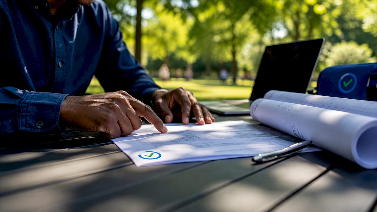 Hands holding permit revision summary sheet on table