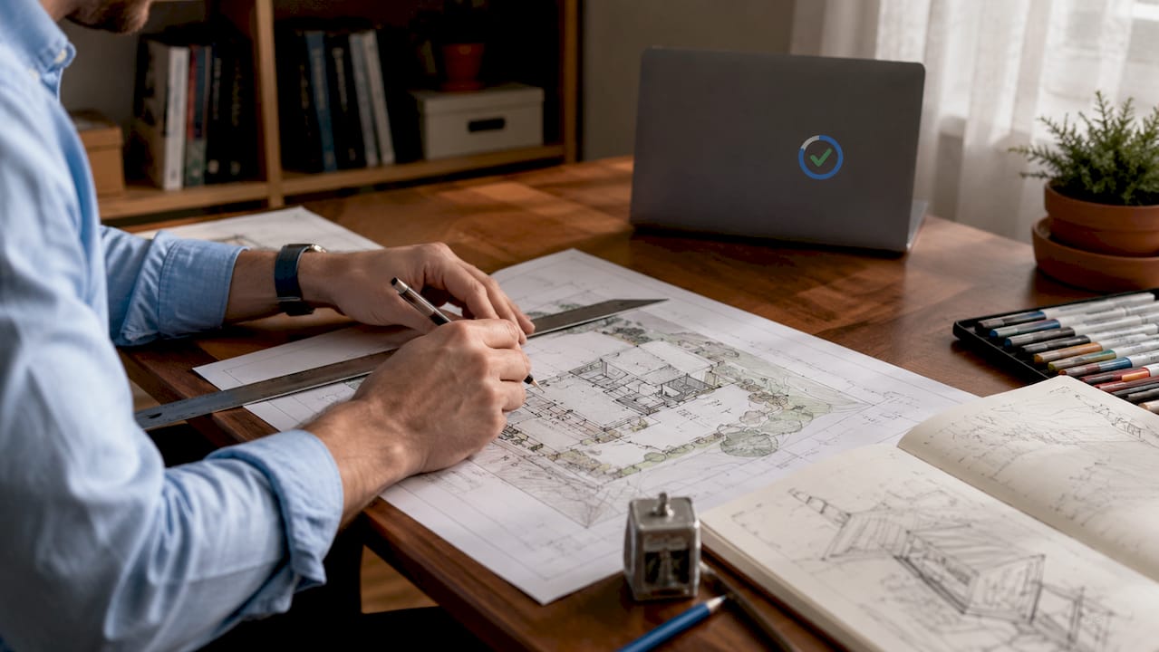 Close-up of hands working on scaled site plan