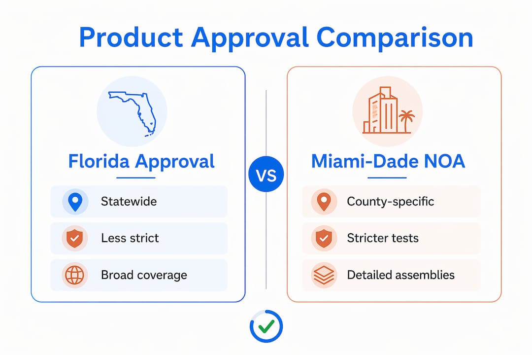 Infographic comparing Miami-Dade NOA and Florida Product Approval