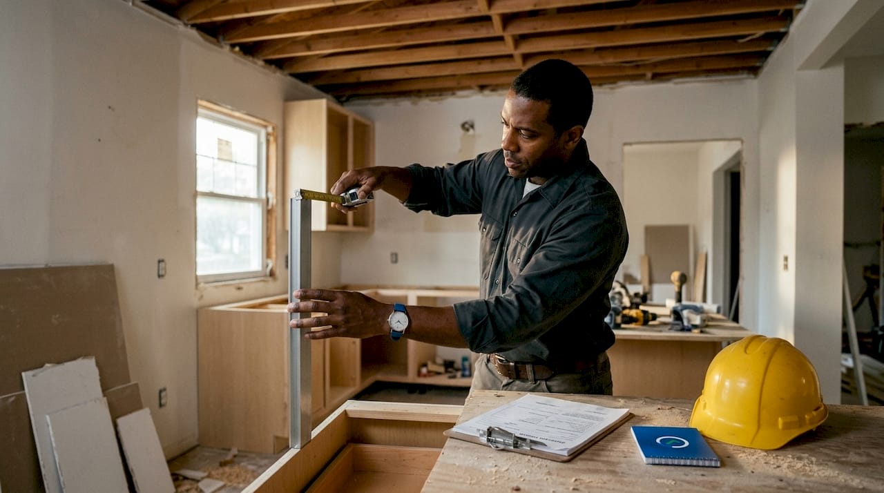 Contractor measuring wood framing in Florida home renovation