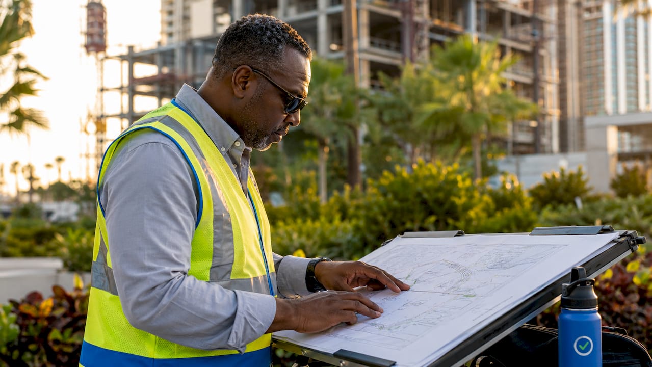 Building inspector examining survey at construction site