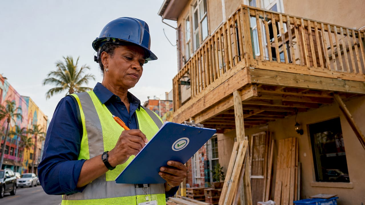 Female inspector checking unpermitted construction site