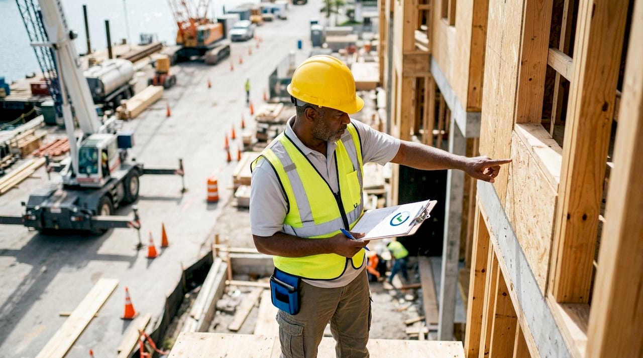 Construction supervisor inspecting site for compliance