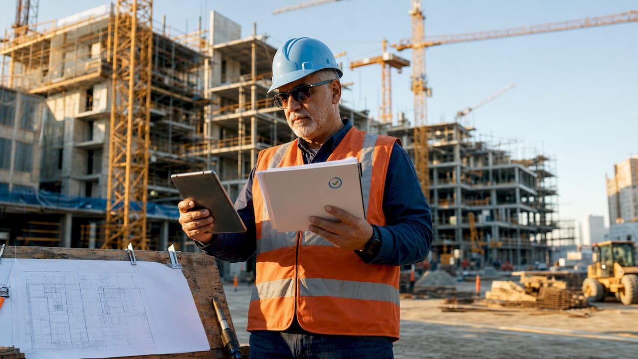 Building inspector reviewing permit documents onsite
