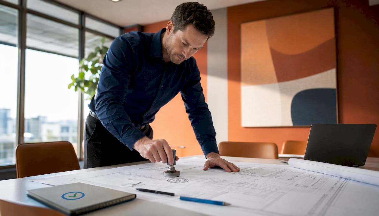 Engineer applying official stamped seal on plans