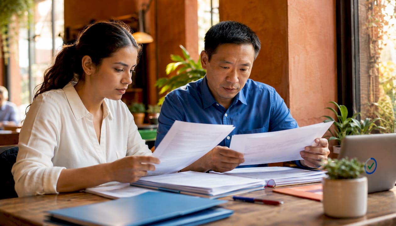 Two professionals reviewing permit documents together