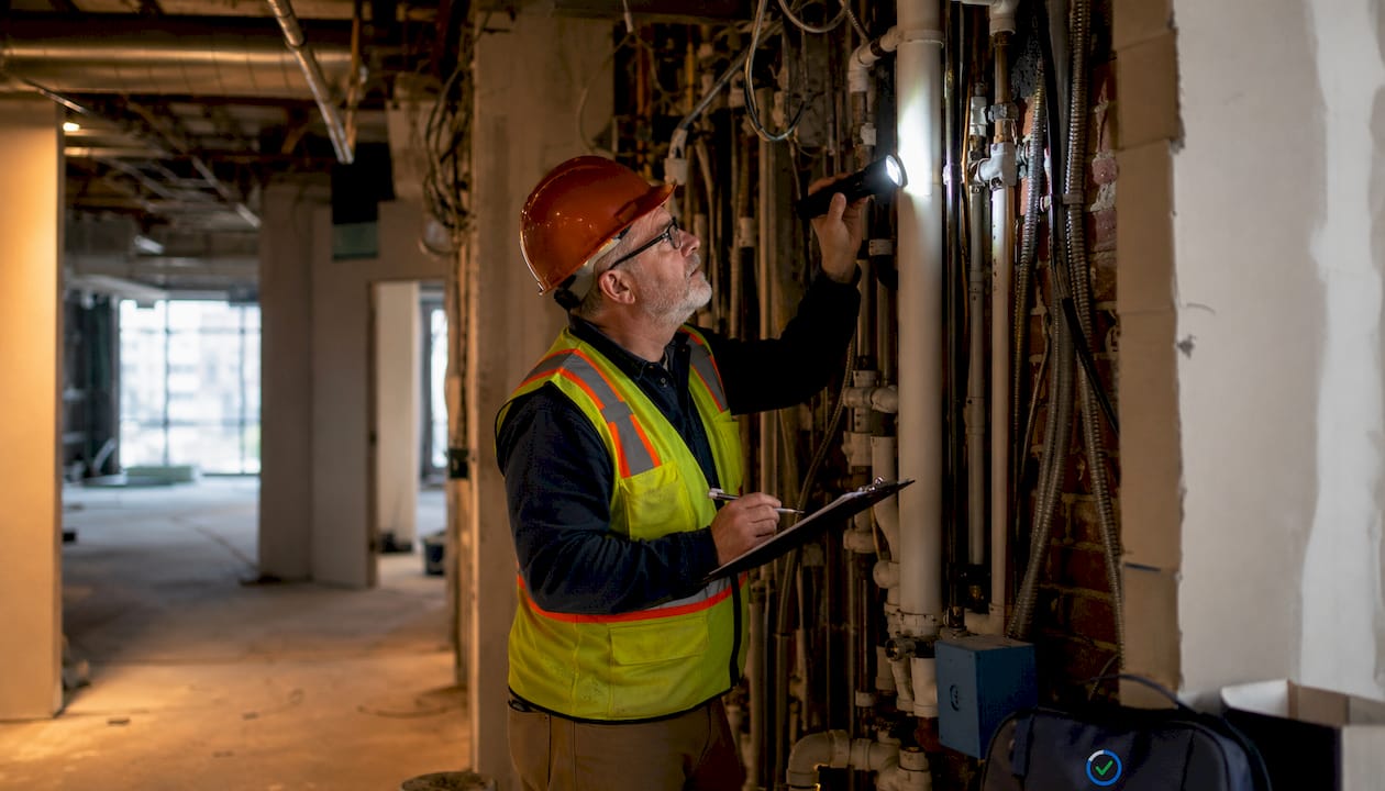 Inspector inspecting electrical panel indoors