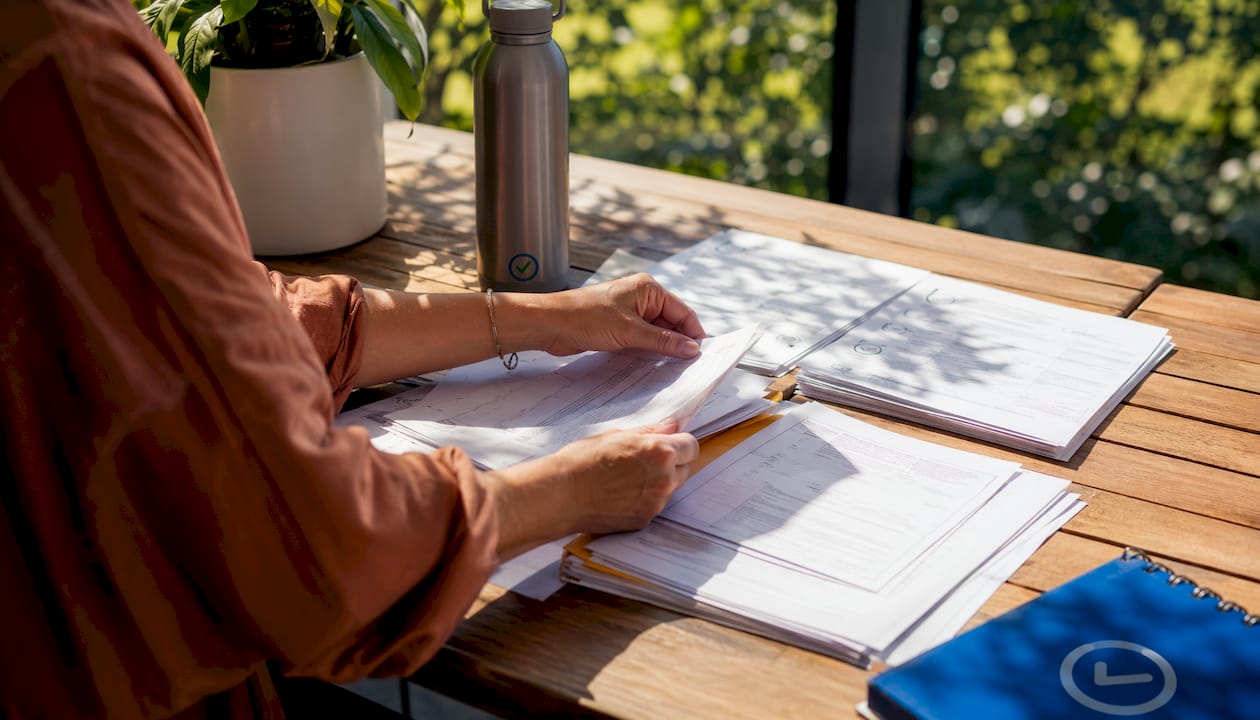 Hands organizing permit documents on table