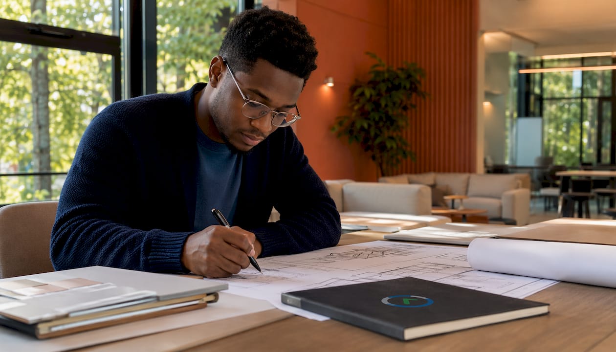 Architect studying architectural drawings at desk