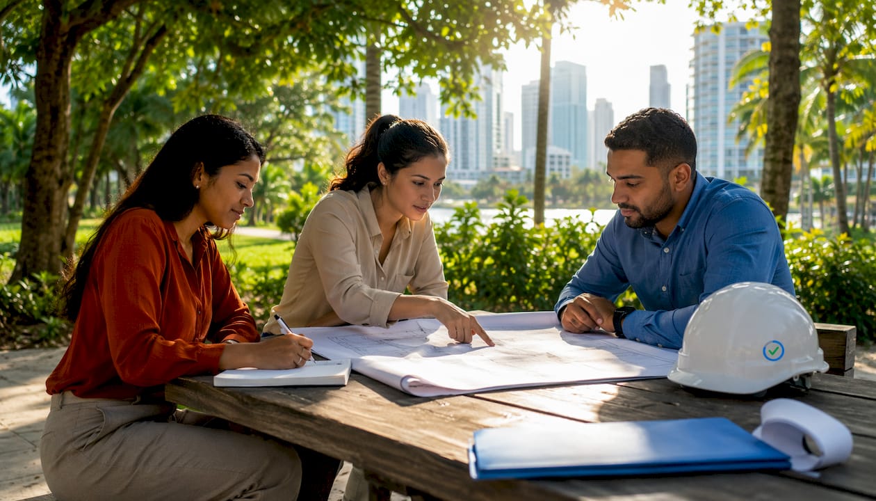 Professionals discussing Miami permit plans outdoors