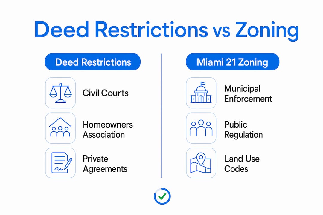 Infographic comparing deed restrictions and public zoning
