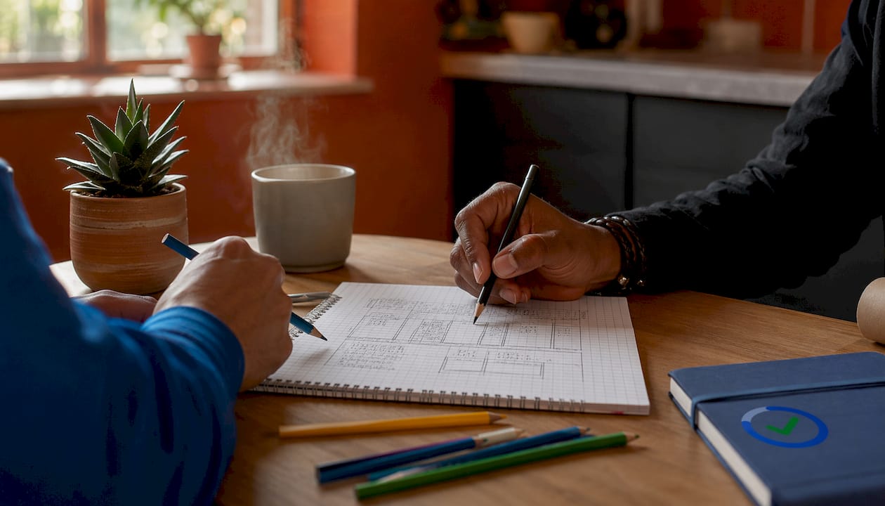 Hands preparing itemized project cost estimate