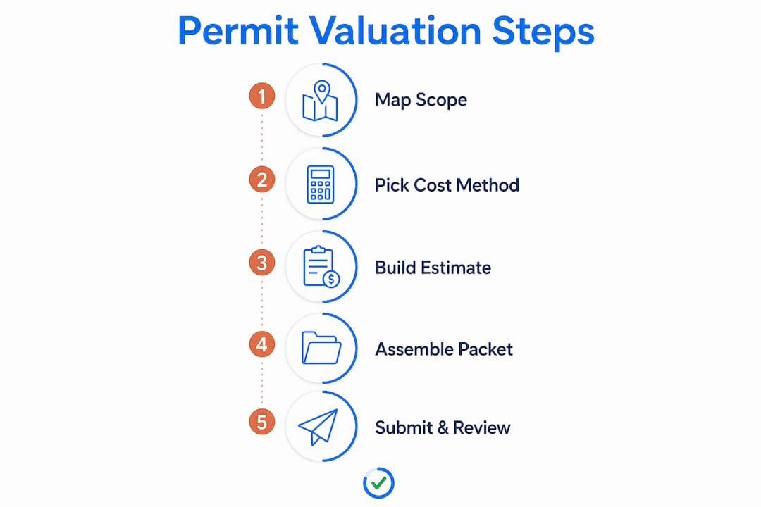 Infographic showing permit valuation calculation steps