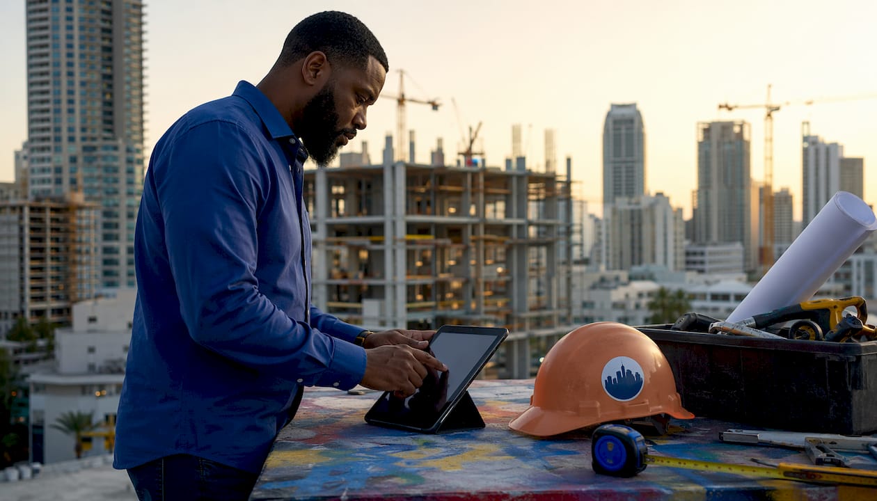 Hands uploading PDF plans on tablet at construction site