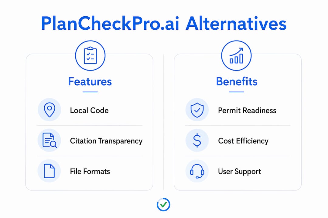 Infographic comparing features and benefits of PlanCheckPro.ai alternatives